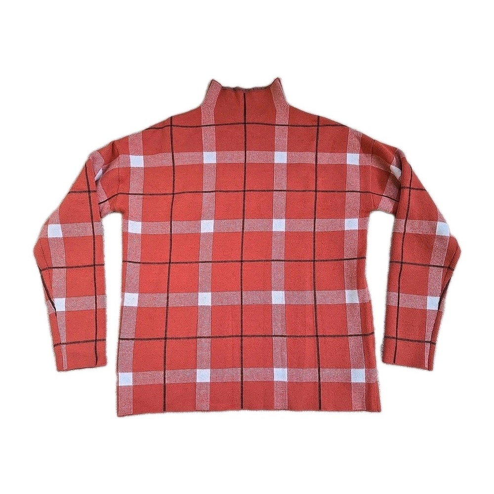 Jones New York JNY Pullover Sweater Orange Plaid Long‎ Sleeve Mock Neck Size M